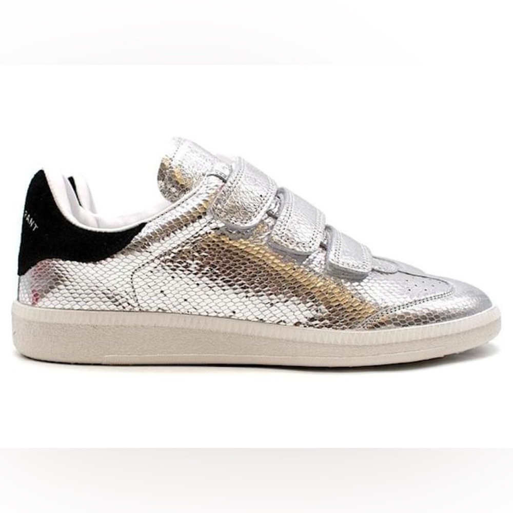 Auth ISABEL MARANT Silver snake embossed leather Beth low top trainers